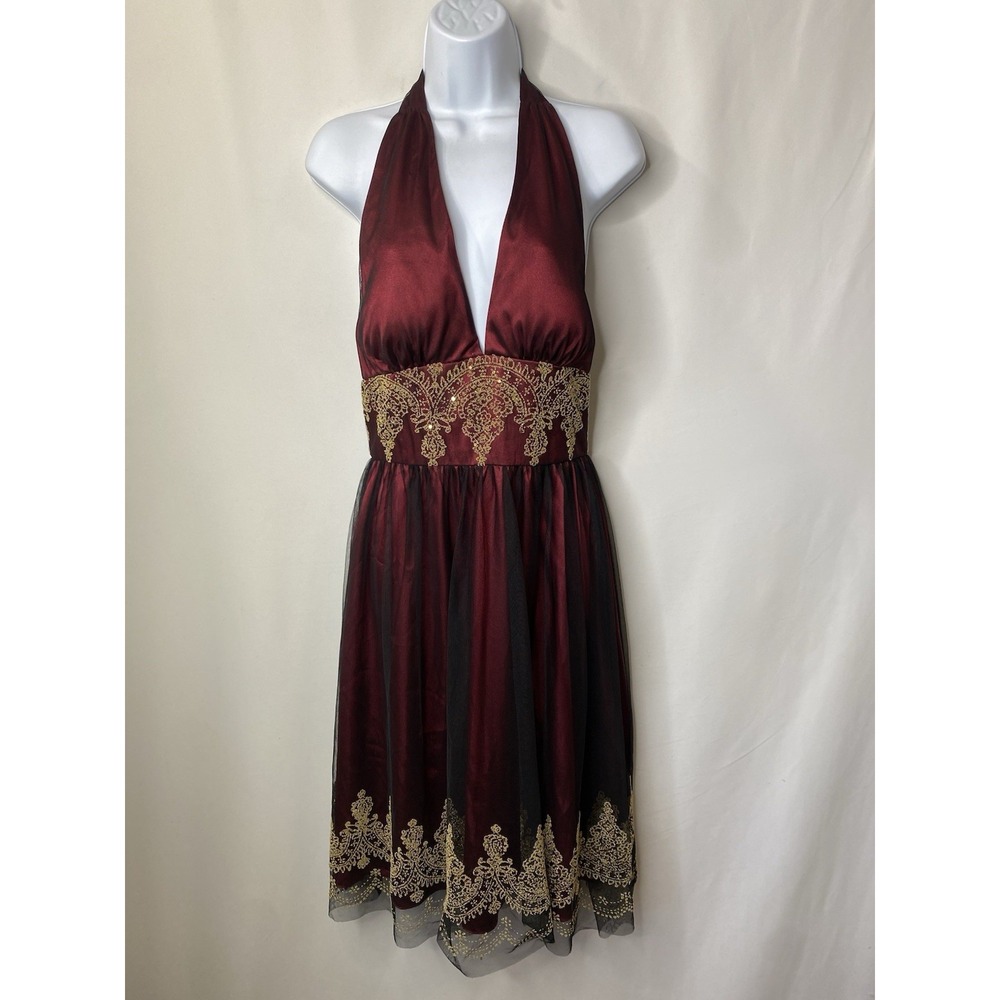 Adrianna Papell Halter Satin Mesh Midi Dress Size 4 Dark Fairy Whimsygoth Vampy